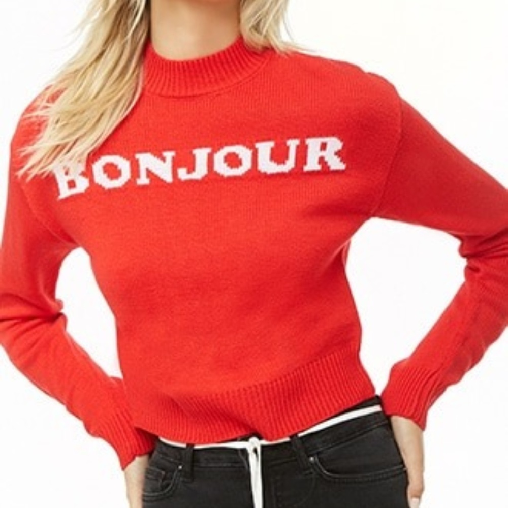 Red 'Bonjour' Cropped Sweater - NEW without Tags